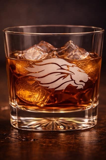 rocks glass with a white etched engraving in the shape of a lion