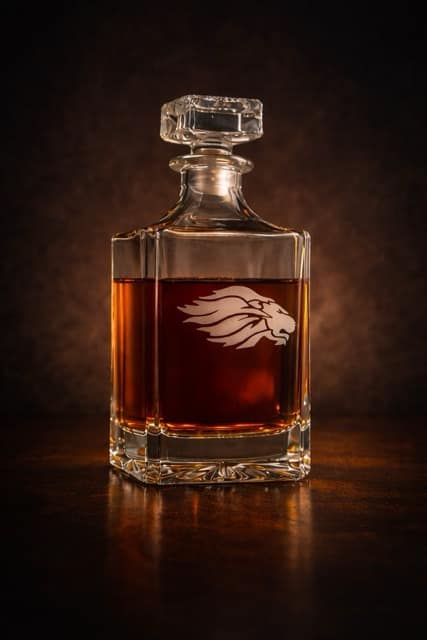 glass decanter with a white etched engraving in the shape of a lion