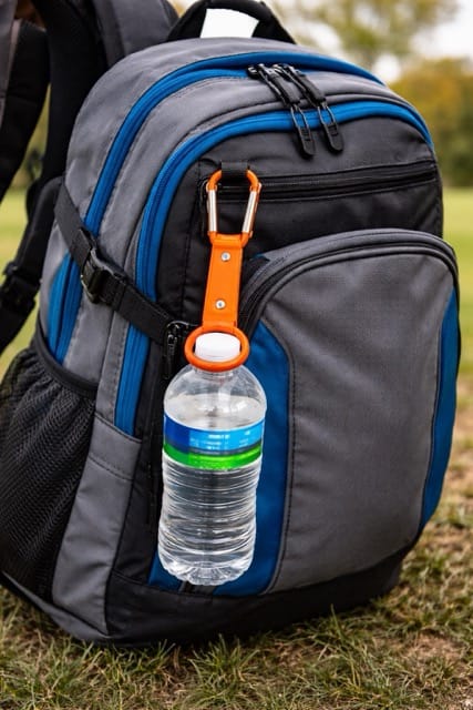 Backpack with blue and gray panels outdoors, a water bottle clipped to the front strap with an orange carabiner.