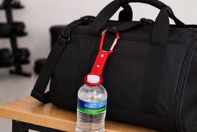 Black gym bag on a wooden table with a red carabiner and strap holding a water bottle clipped to its handle.