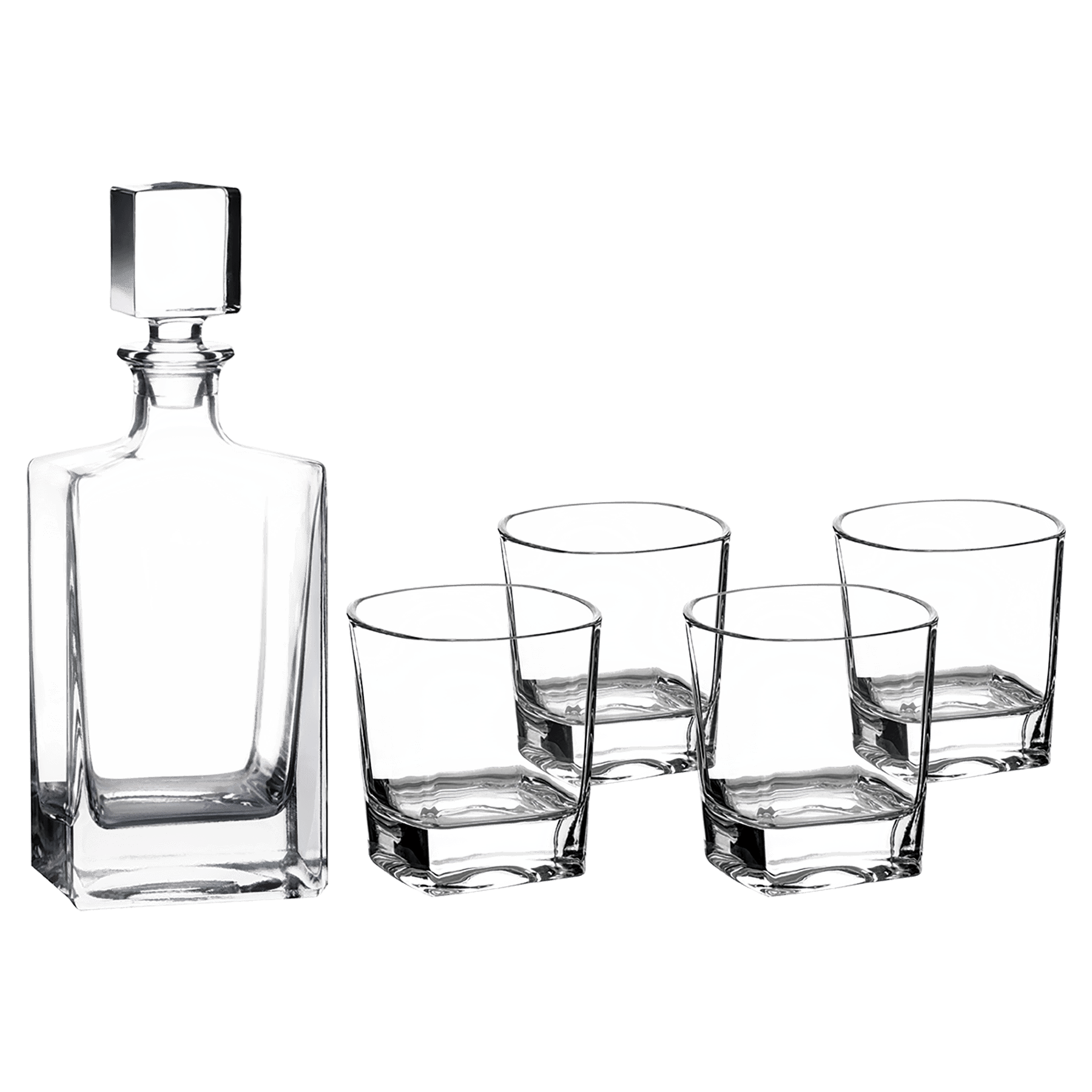 rectangular glass decanter with 4 coordinating glasses