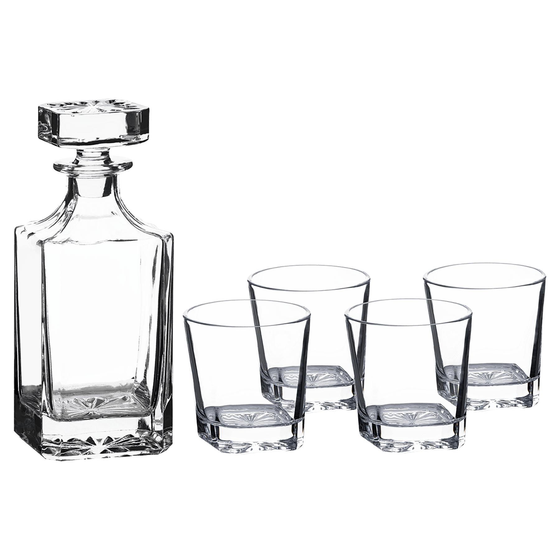 square glass decanter with 4 coordinating glasses