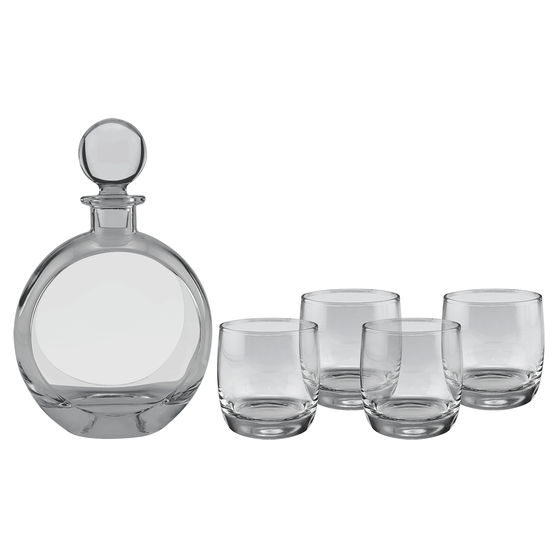 round glass decanter with 4 coordinating glasses