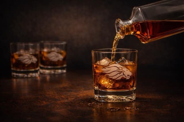 rocks glass with a white etched engraving in the shape of a lion with a decanter of whiskey being poured over ice
