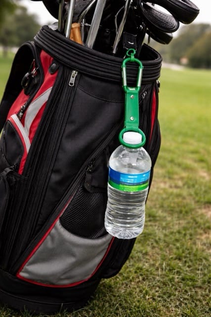 Golf bag with clubs on a grassy course, water bottle clipped to the side with a green carabiner.