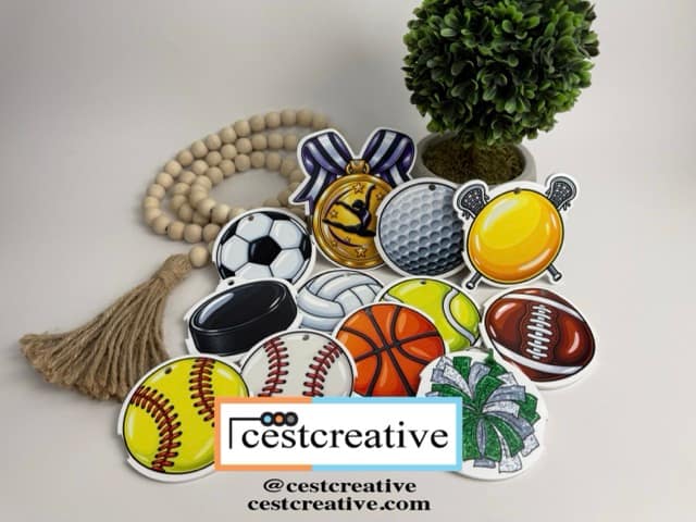 Collection of sports bagtags that hold hair ties